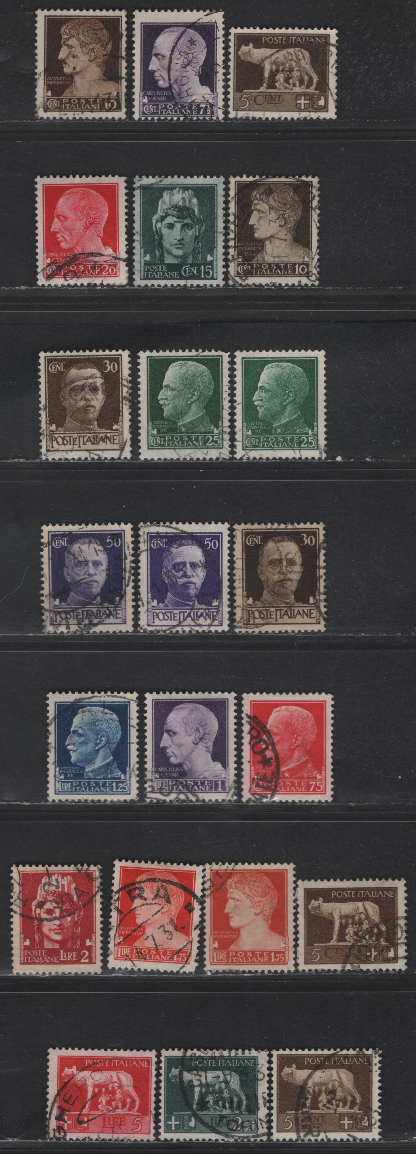 Lot 228 Italy SC#213-219. 221-227 5c - 5l Olive Brown - Rose Red Ceasar, Italia & Emmanuel III, 1929-1942 Ceasar, Italia & Emmanuel III Definitives, 22 Fine/Very Fine Used Singles, Includes Shade Varieties