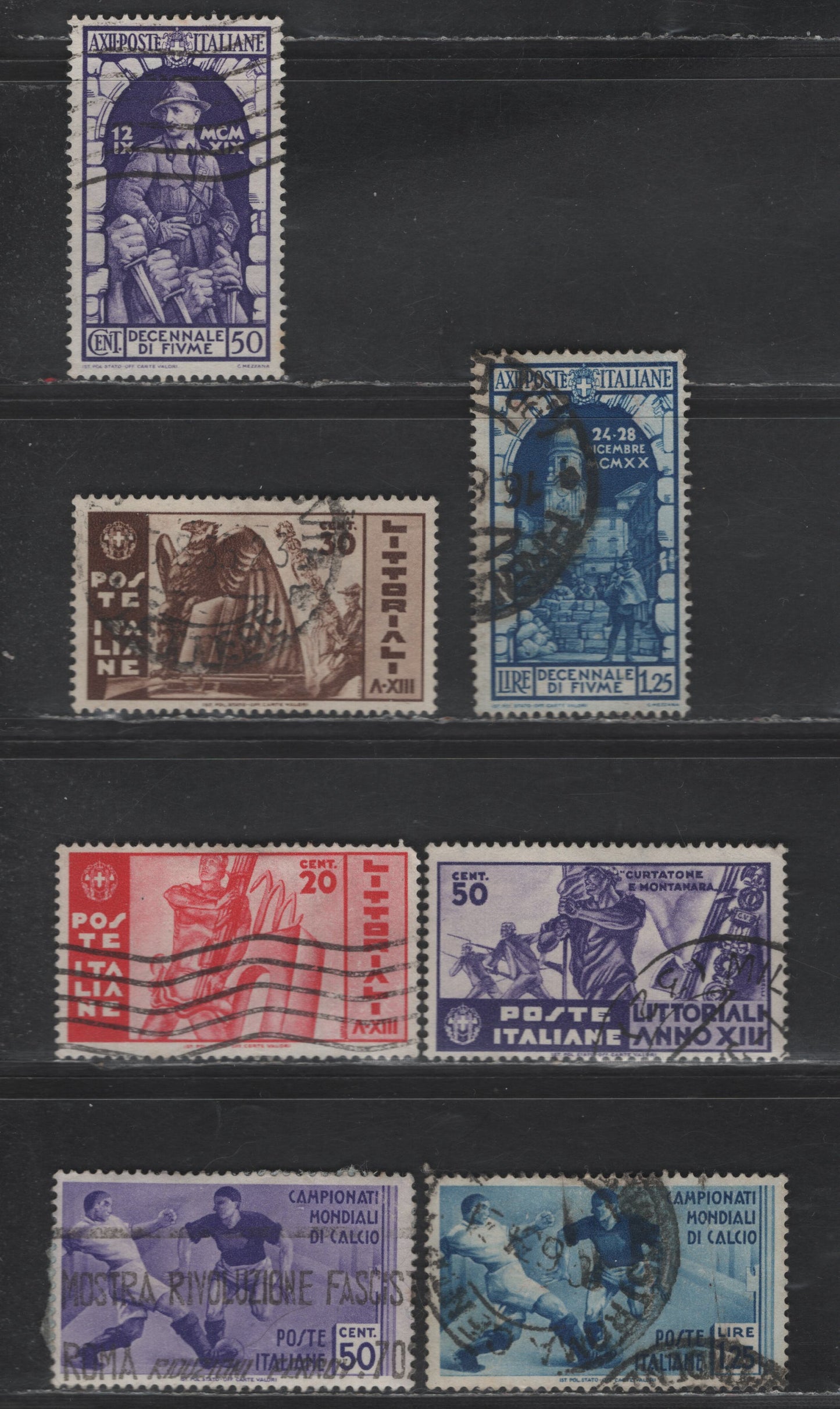 Lot 233 Italy SC#317-318, 326-327, 342-344 50c -50c Purple Annexation of Fiume - University, 1934-1935 10th Anniv of Annexation of Fiume - University Contests Issues, 7 Fine/Very Fine Used Singles