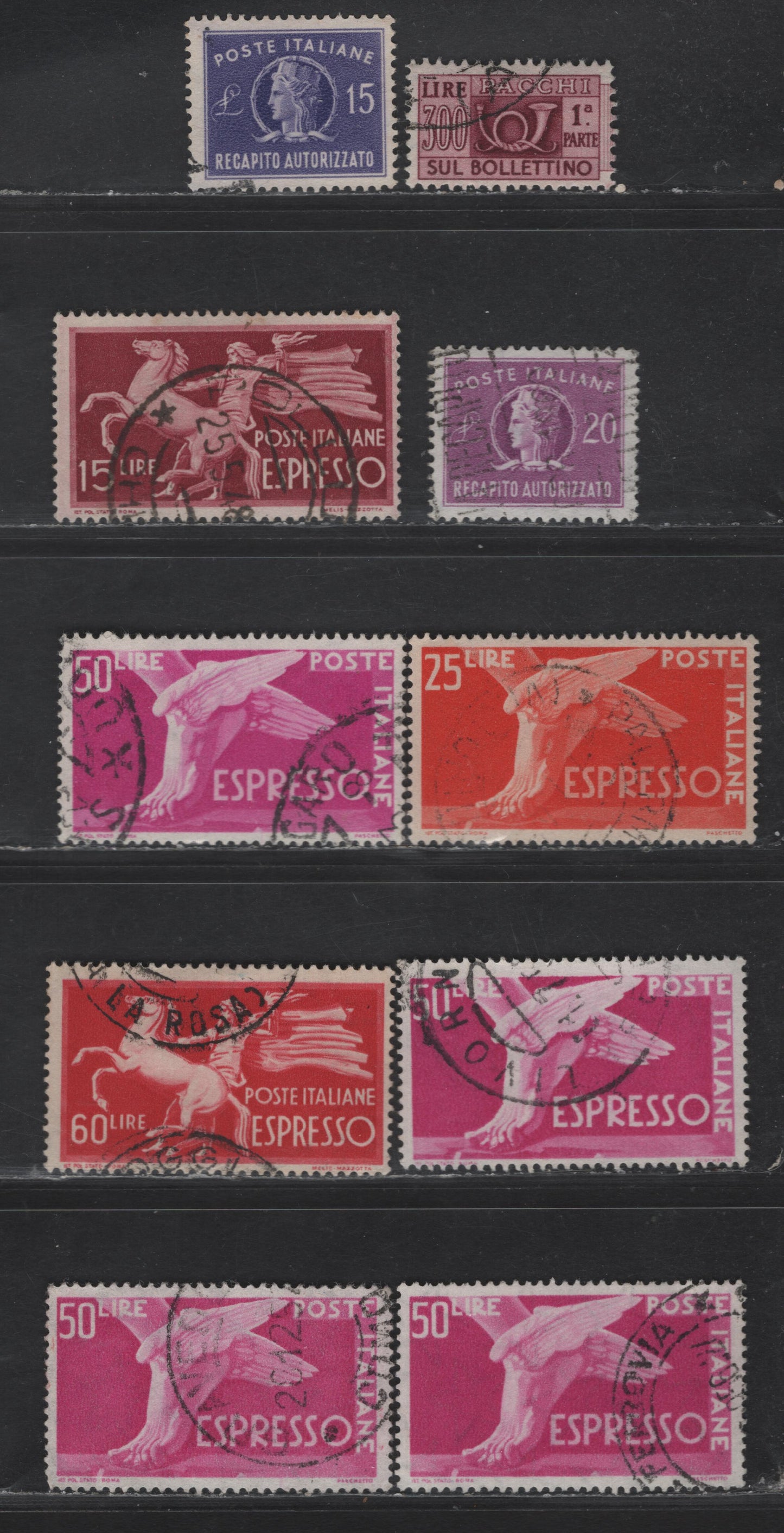 Italy SC#E21-E22, E24-E25, E32, EY8-EY9, Q74 5l - 300l Dark Carmine - Brown Carmine Airmail - Parcel Post, 1945-1954 Airmail - Parcel Post Issues, 10 Very Fine Used Singles, Winged Wheel & Multiple Stars Wmks