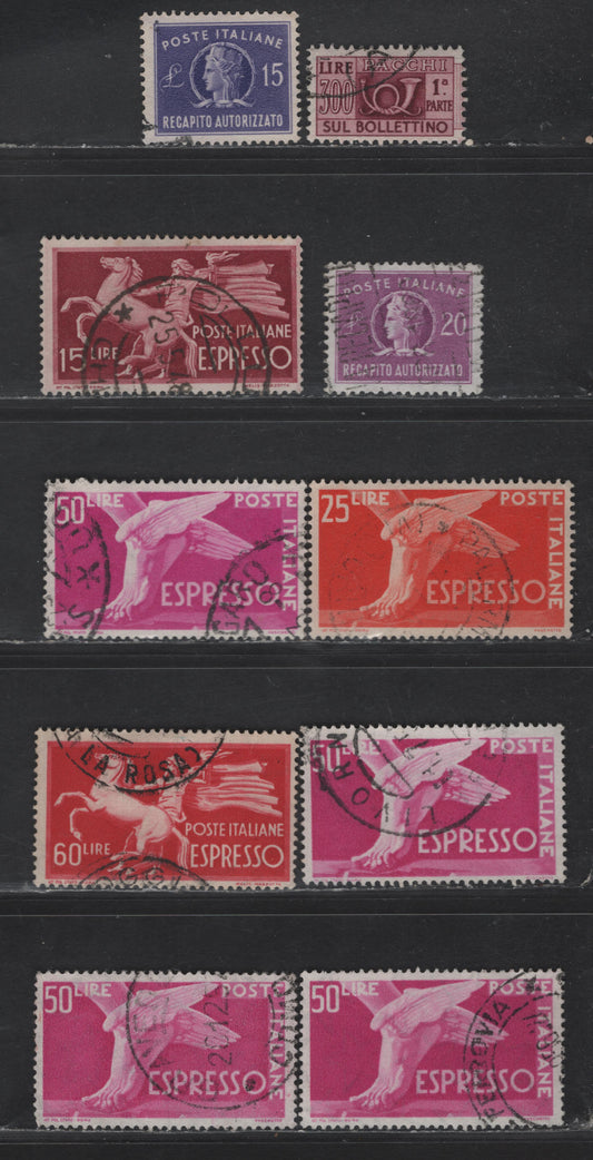 Italy SC#E21-E22, E24-E25, E32, EY8-EY9, Q74 5l - 300l Dark Carmine - Brown Carmine Airmail - Parcel Post, 1945-1954 Airmail - Parcel Post Issues, 10 Very Fine Used Singles, Winged Wheel & Multiple Stars Wmks