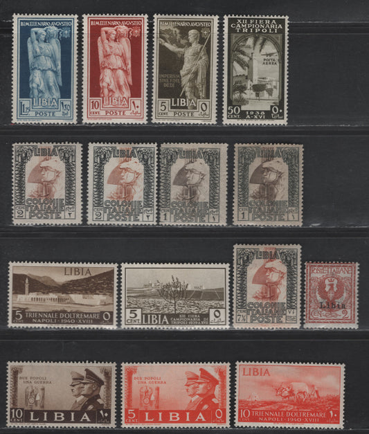 Lot 277 Libya SC#2, 20, 47-48, 50, 83, 77-78, 82, 88-89, 95-96, C32 2c - 50c Orange Brown - Dark Olive Green Emblems - Airmail, 1912-1938 Overprinted - Airmail Issues, 14 F/VFOG/NH Singles, Crown Wmk & Unwatermarked, Perfs 14 & 14x13.5