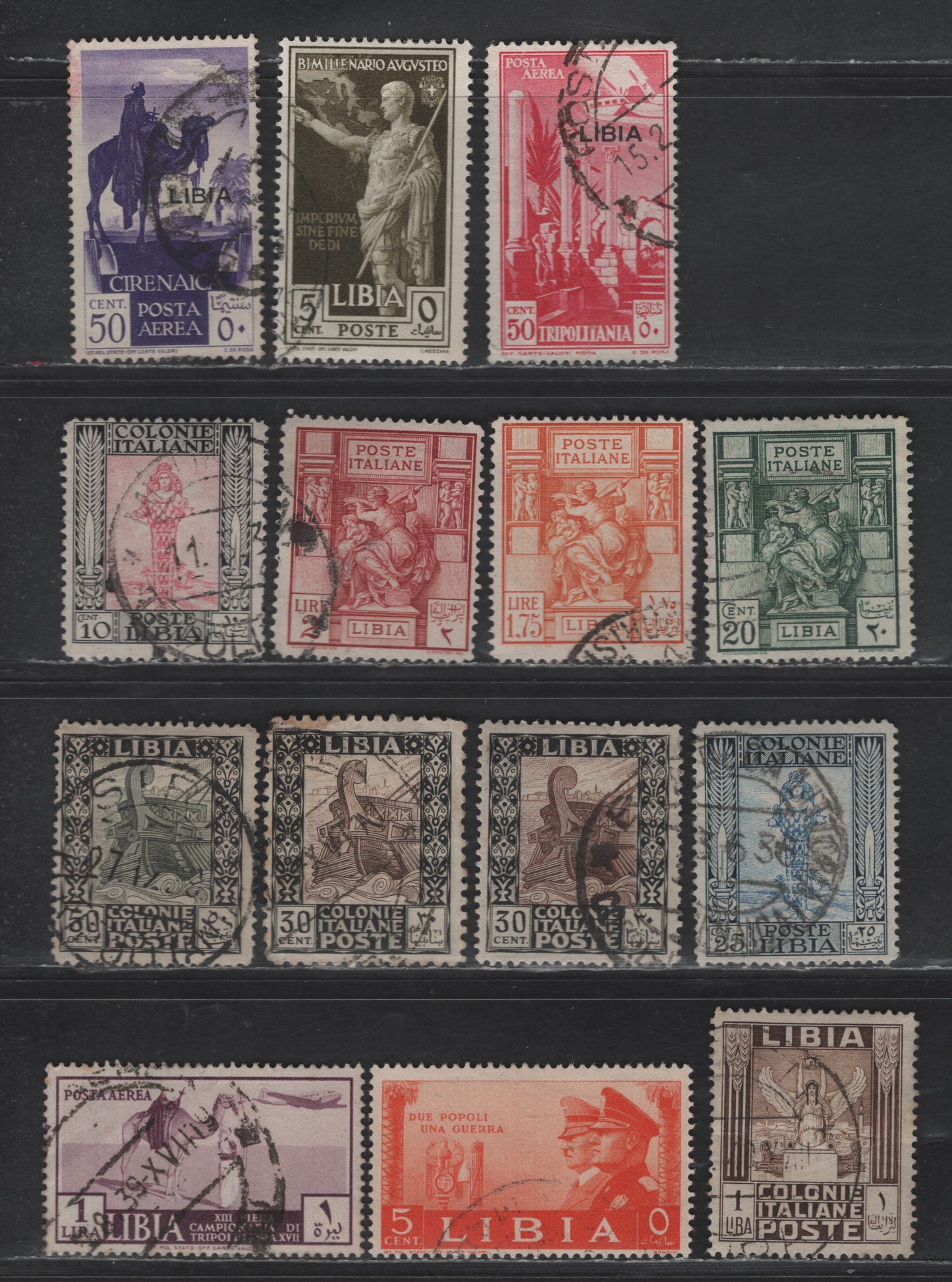 Lot 278 Libya SC#51b, 53-55, 58, 54a, 39, 42-43, 77, 95, C25-C26, C38 20c - 1l Green - Rose Violet Libyon Sibyl - Airmail, 1924-1931 Libyon Sibyl - Airmail Issues, 14 Fine/Very Fine Used Singles
