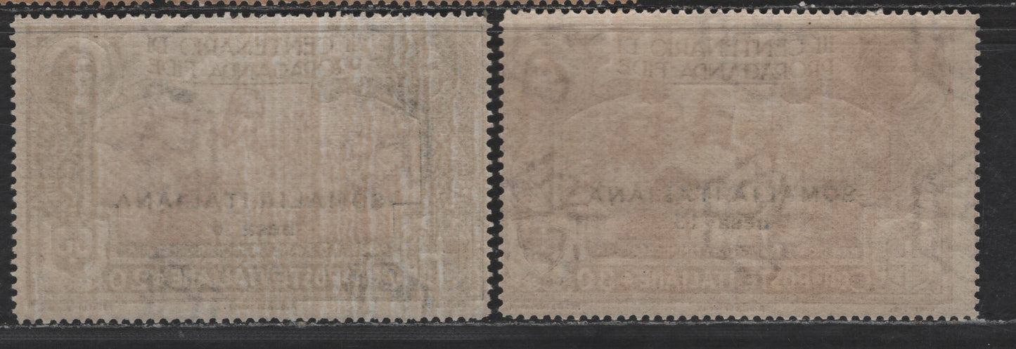 Lot 280 Somalia SC#51-52 6b on 20c - 13b Olive Green & Brown - Claret & Brown Orange Propagation of the Faith, 1923 Propagation of the Faith Issue, 2 FNH/OG Singles, Light Gum Disturbance
