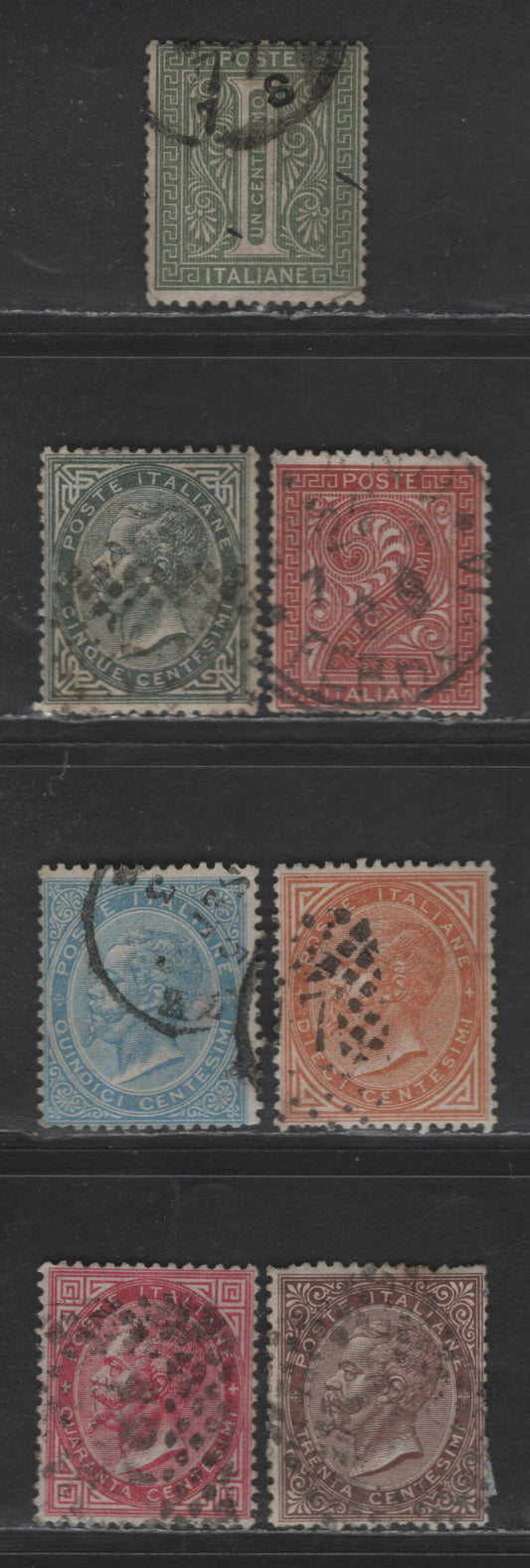 Lot 287 Italy SC#24-27, 29-31 1c - 40c Gray Green - Carmine Numeral & Victor Emmanuel II, 1867 Numeral & Victor Emmanuel II Issues, 7 Fine/Very Fine Used Singles