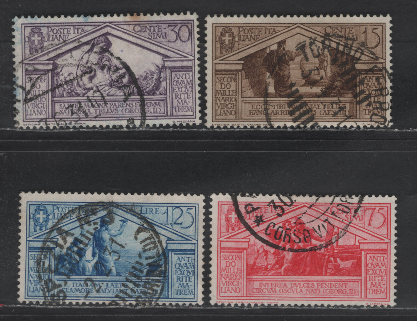 Lot 298 Italy SC#248, 251, 253-254 15c - 1.25l Olive Brown - Blue Bimillenary of Birth of Virgil, 1930 Bimillenary of Birth of Virgil issue, 4 Fine/Very Fine Used Singles, Small Stain on 30c