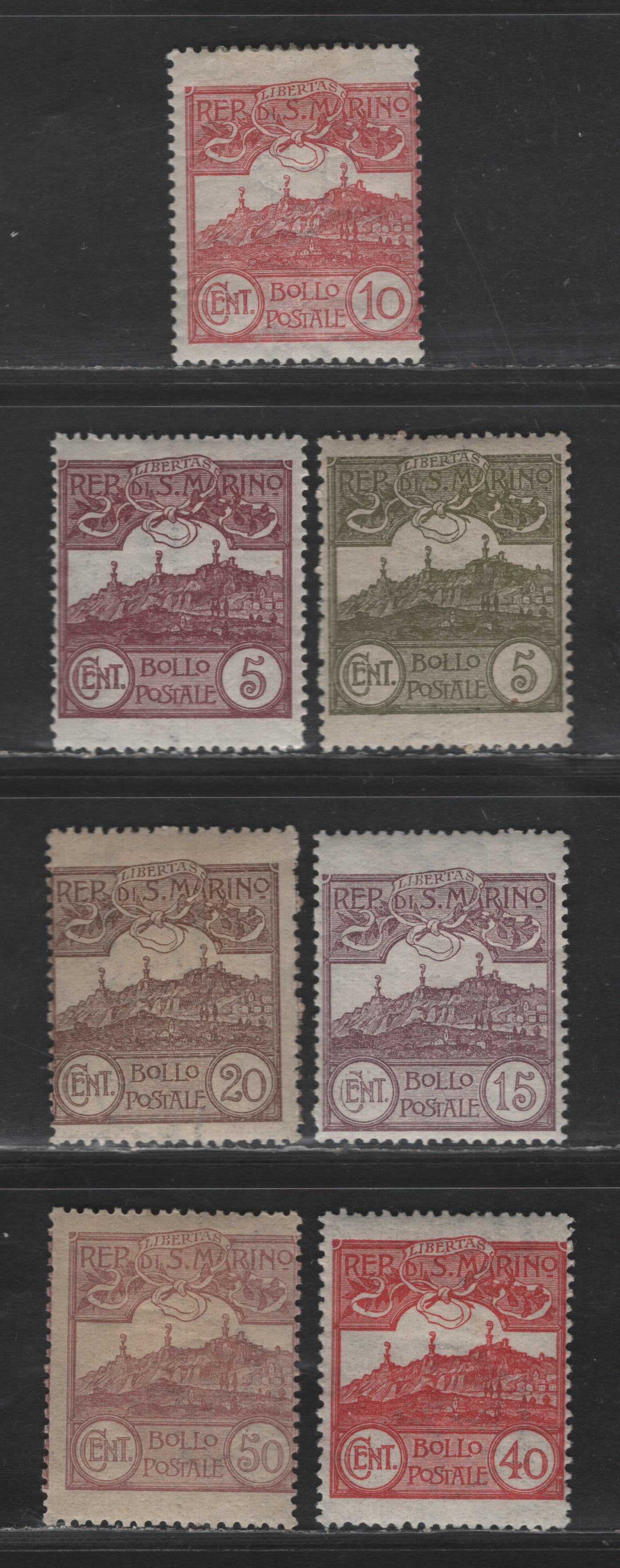 Lot 308 San Marino SC#43-45, 49, 51, 60-61, 63-64 10c - 50c Claret - Gray Black Numeral - Mount Titano, 1903-1925 Numeral - Mount Titano Definitive Issues, 9 FOG Singles