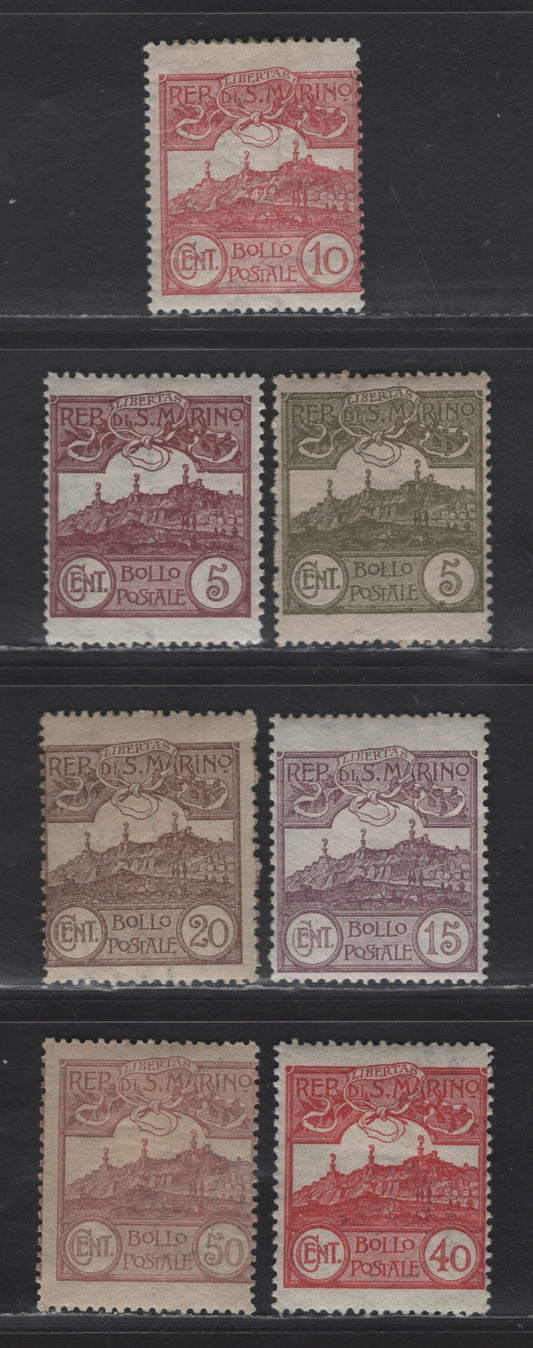 Lot 308 San Marino SC#43-45, 49, 51, 60-61, 63-64 10c - 50c Claret - Gray Black Numeral - Mount Titano, 1903-1925 Numeral - Mount Titano Definitive Issues, 9 FOG Singles