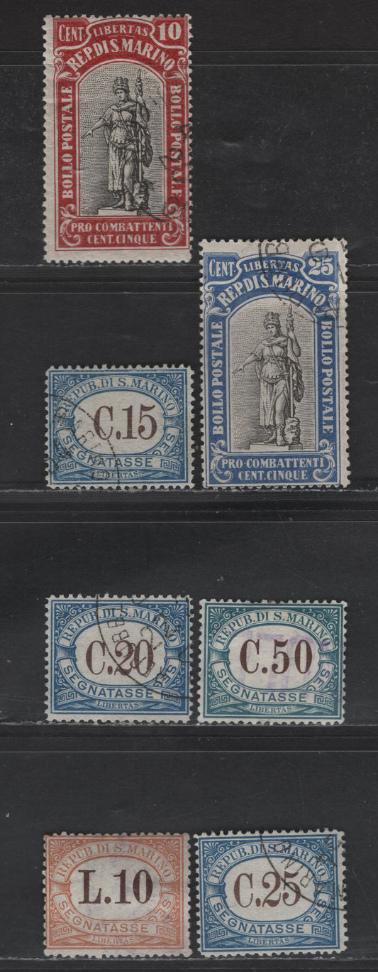 Lot 312 San Marino SC#B5, B7, J21-J23, J4, J3e 10c - 10l Lake & Black - Buff & Brown Numeral - Pictorials, 1897-1939 Semi Postals - Postage Dues, 7 Fine/Very Fine Used Singles