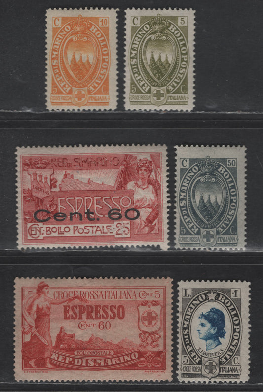Lot 313 San Marino SC#B18-B19, B23-B24, E3, EB1 5c-5c - 60c + 5c Olive Green - Brown Red Pictorials, 1923 Semi Postal - Semi Postal Special Delivery Issues, 6 F/VFOG Singles