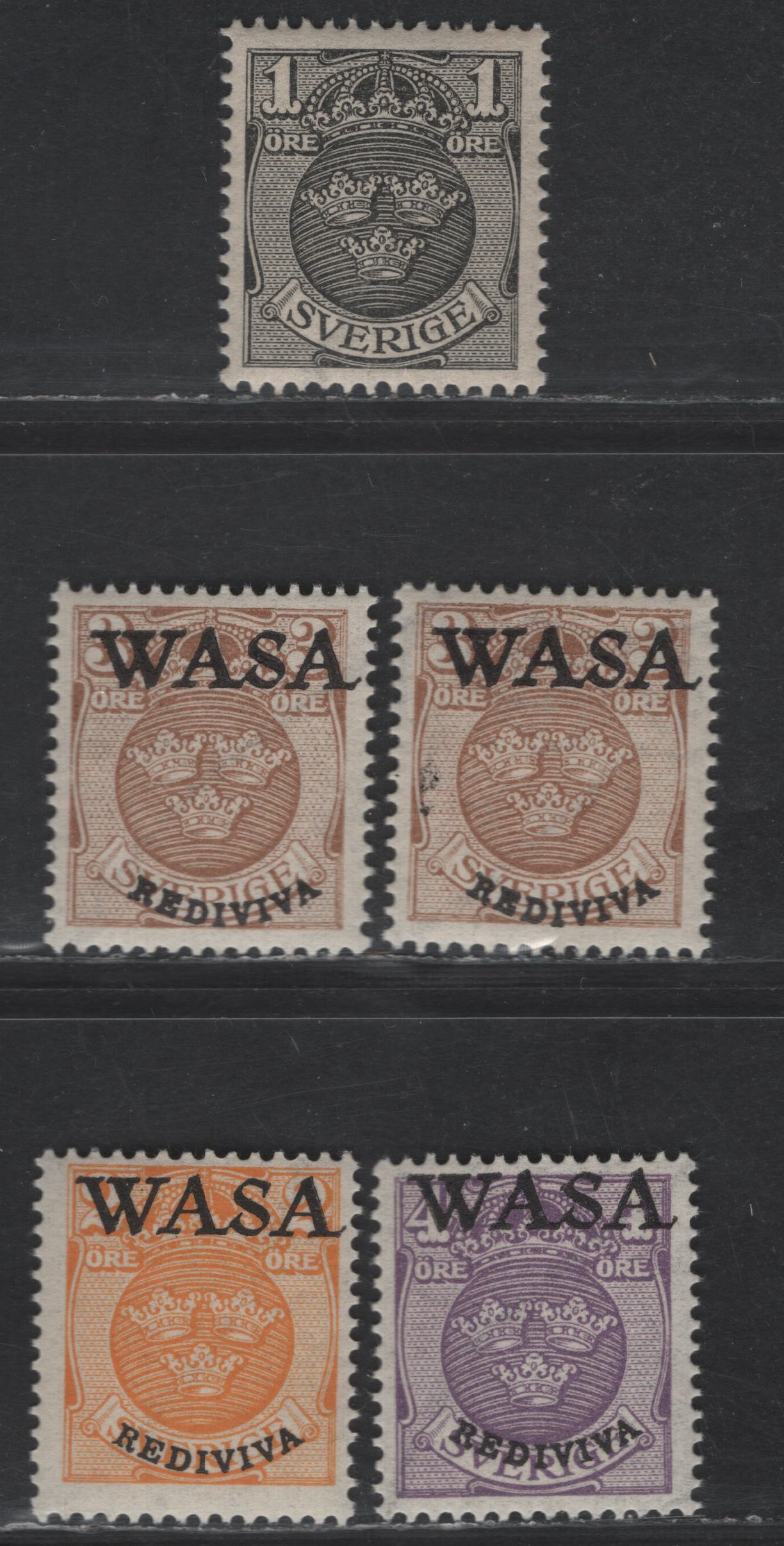 Lot 319 Sweden SC#95-98 1o - 4o Black - Pale Violet Arms, 1911-1919 Coat of Arms Issue, 5 F/VFNH Singles, Wavy Lines Wmk, Includes 30 brown With & Without Sheet Margin Text, 3 Have Private WASA Overprint
