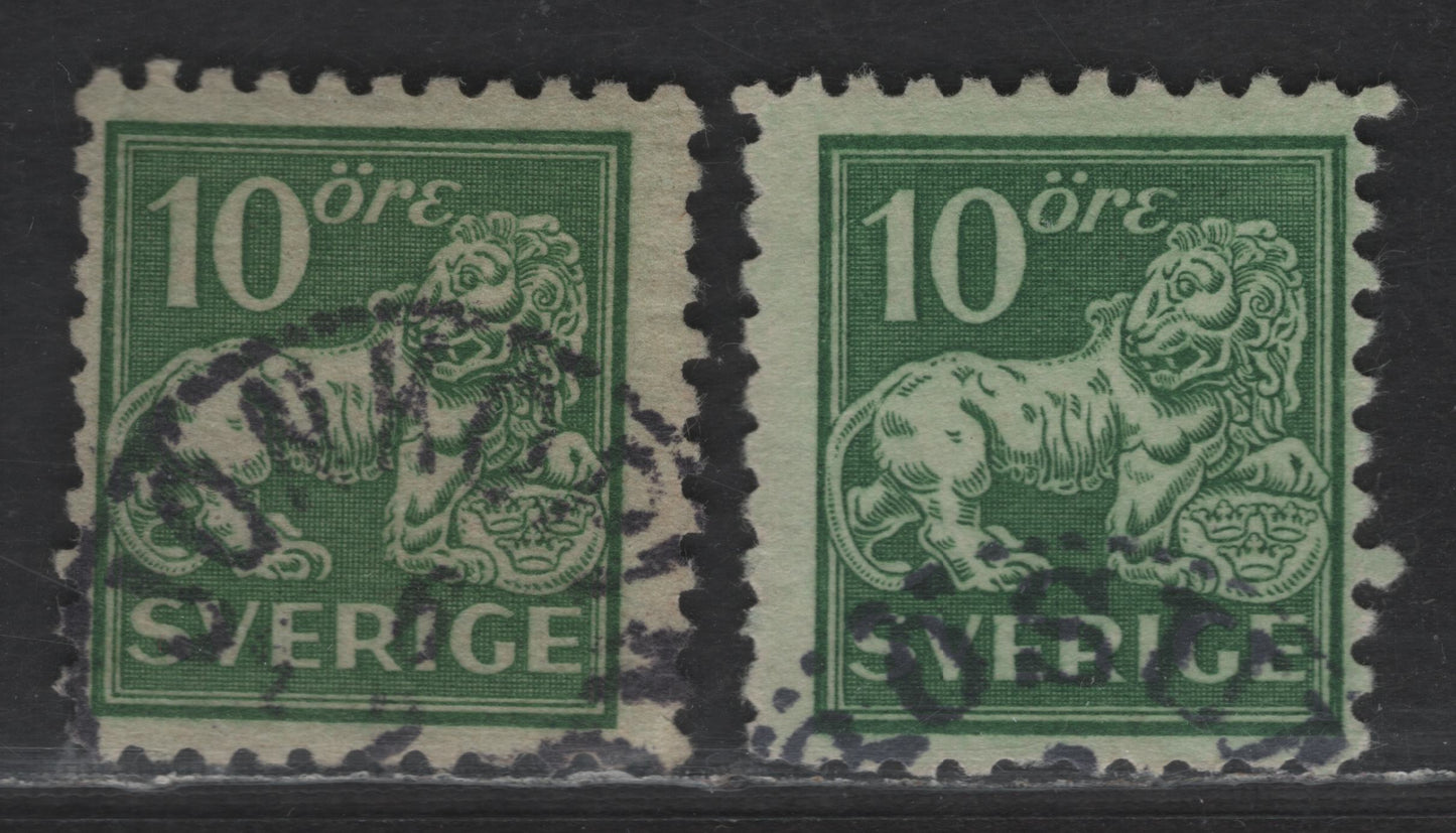 Sweden SC#127 (Facit 144Ca, Cc) 10o Yellowish Green Heraldic Lion, 1920-1925 Heraldic Lion Issue, 2 Fine Used Single, Perf 10, Type Yellow