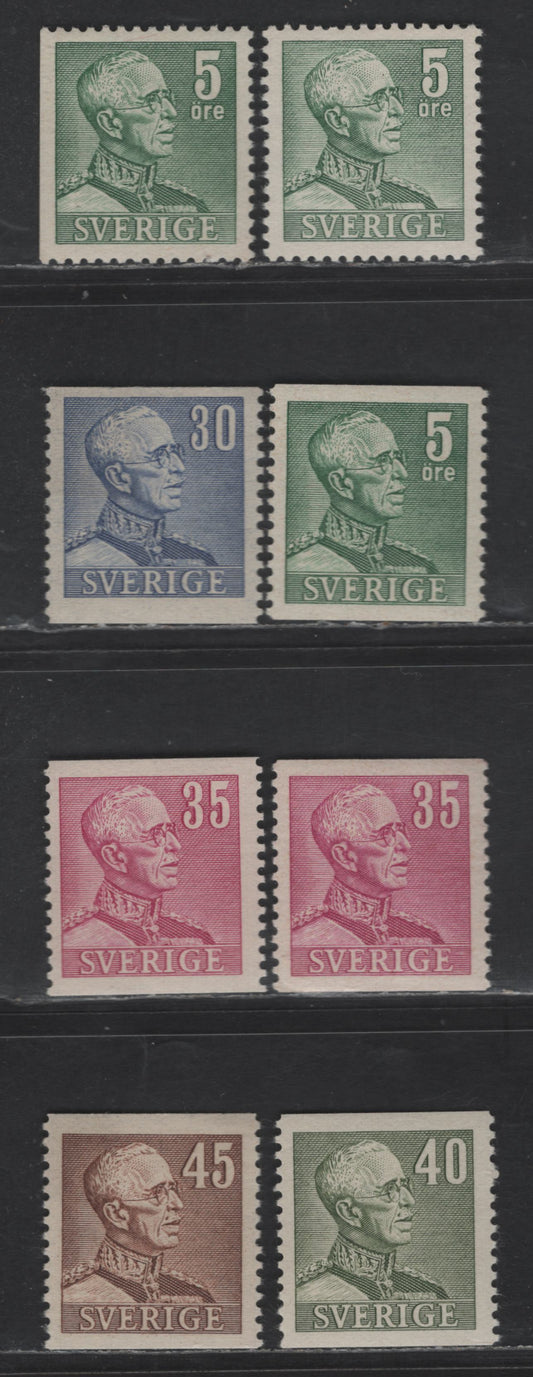 Lot 355 Sweden SC#299,b, 301, 305, 307-308 (Facit # 271Aa,B,C, 279-282) 5o - 45o Green - Brown King Gustav V, 1939-1942 King Gustav V Issue, 7 VFNH Singles, Re-Engraved, Two Printings In Slightly Different Shades Of 35o With Different Gums