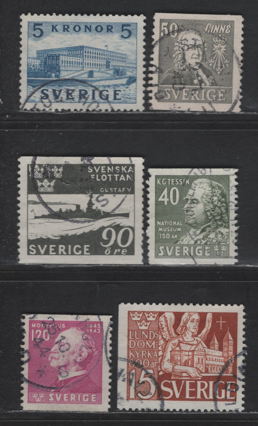 Lot 359 Sweden SC#296, 331, 322a, 355, 372, 346 50o - 15o Gray - Orange Brown Von Linne - Cathedral, 1939-1946 Von Linne - Lunel Catherdral Issues, 6 Very Fine Used SIngles
