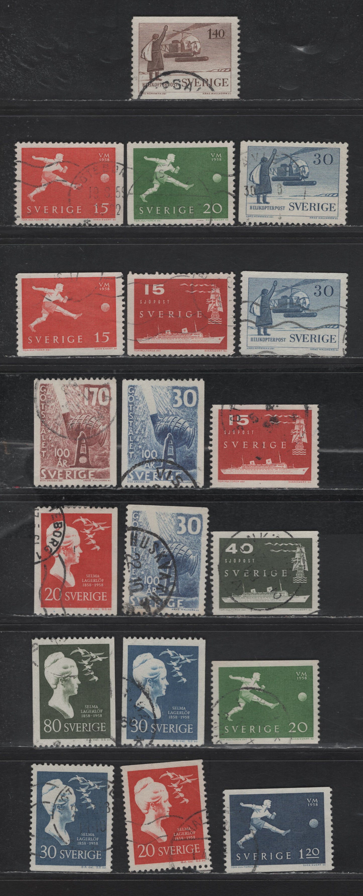 Lot 368 (C) Sweden #518-536 30 ore Blue - 30 ore Blue, 1958 Helicopter Mail Service - 1958 Selma Lagerlof Issues, 19 Very Fine Used Singles
