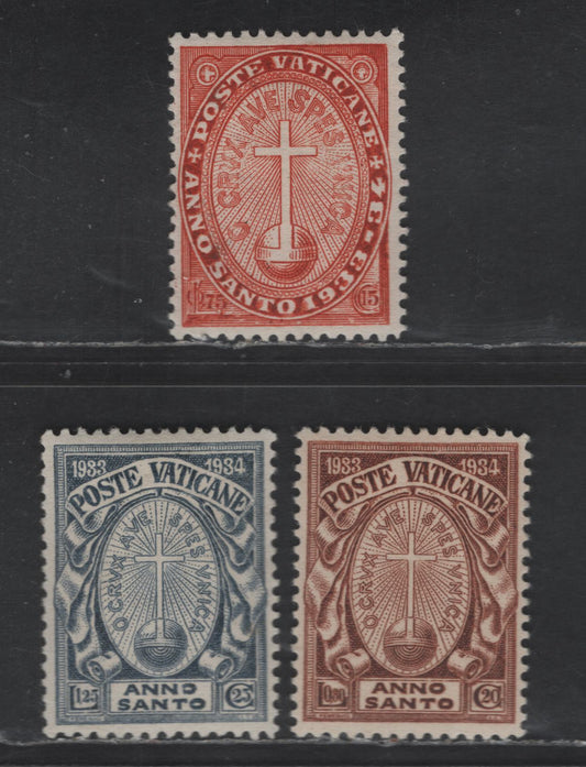 Lot 389 Vatican City #B2-B4 75c+15c Scarlet - 1.25L+25c Ultramarine, 1933 Holy Year Semi Postal Issue, 3 VFOG Singles