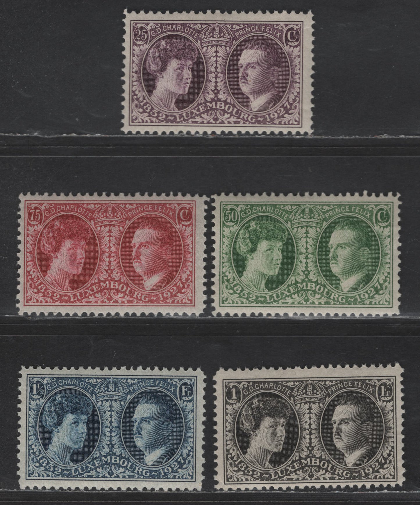Lot 185 Luxembourg SC#B20-B24 25c - 1.5fr Deep Violet - Deep Blue Grand Duchess Charlotte & Prince Felix, 1927 Semi Postal Issue, 5 VFNH Singles