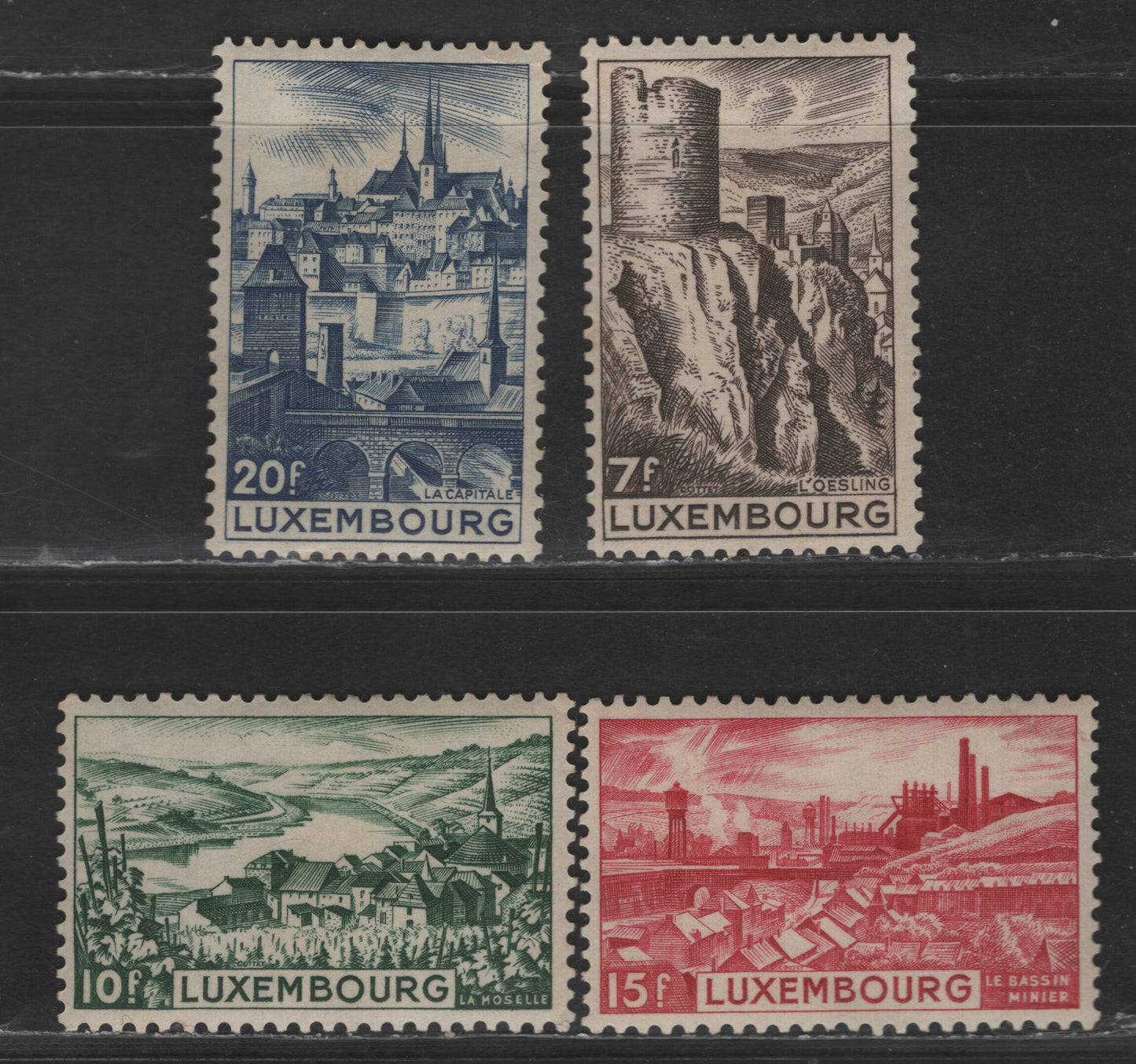 Lot 186 Luxembourg SC#246-249 7fr - 20fr Dark Brown - Dark Blue Esch-sur-Sure Fortifications - Steel Mills, 1948 Pictorial Issue, 4 VFOG Singles