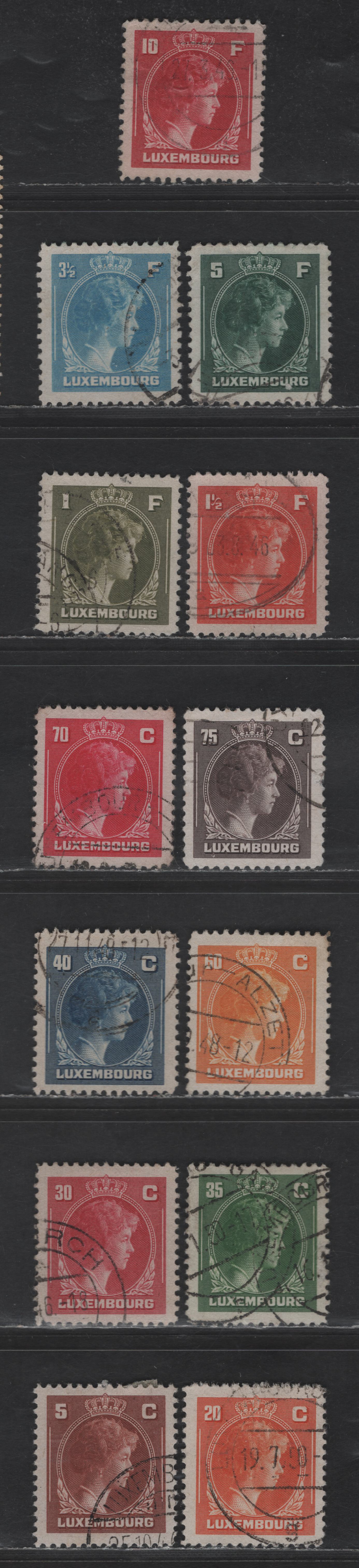 Lot 192 Luxembourg SC#218, 219A, 220A, 221,A, 222A, 223,B, 224, 226, 231-233 5c - 10fr Brown Red - Carmine Grand Duchess Charlotte, 1944-1946 Grand Duchess Charlotte Issue, 13 Very Fine Used Singles, Perf 12, Unwatermarked
