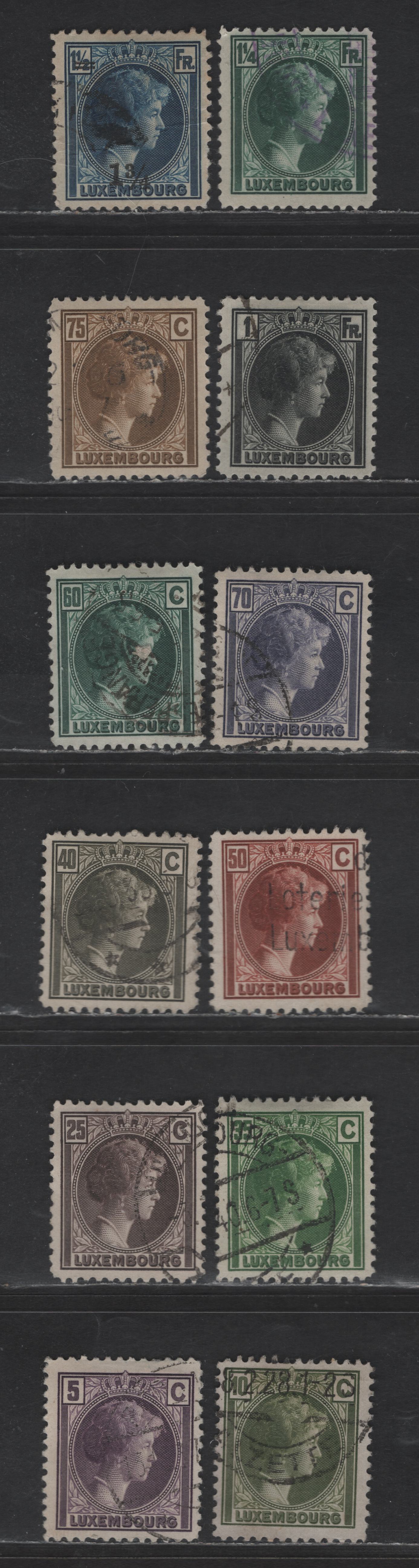 Lot 193 Luxembourg SC#159-160, 164, 168-171, 173, 175, 178, 182, 184 5c - 1.5fr Dark Violet - Deep Blue Grand Duchess Charlotte, 1926-1935 Grand Duchess Charlotte Issue, 12 Very Fine Used Singles, Perf 12