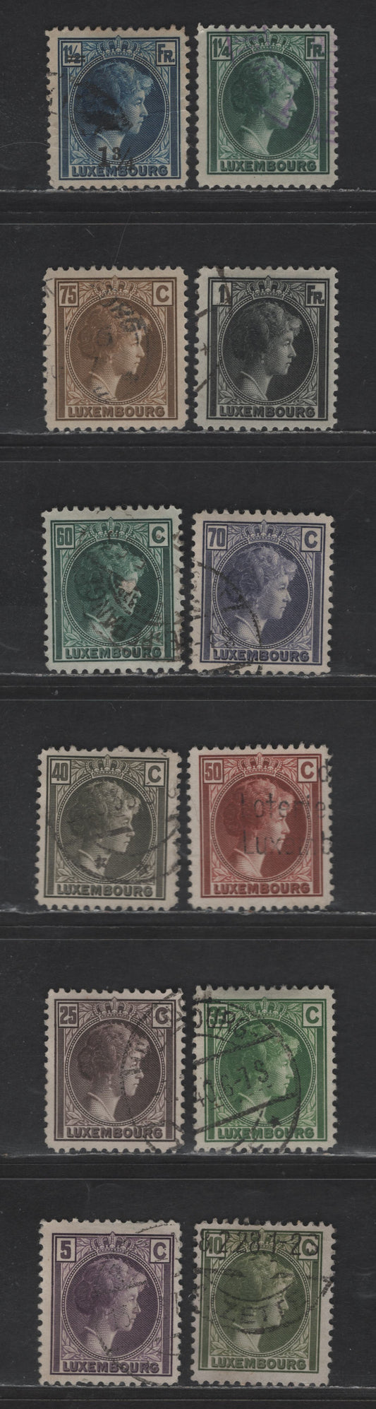 Lot 193 Luxembourg SC#159-160, 164, 168-171, 173, 175, 178, 182, 184 5c - 1.5fr Dark Violet - Deep Blue Grand Duchess Charlotte, 1926-1935 Grand Duchess Charlotte Issue, 12 Very Fine Used Singles, Perf 12