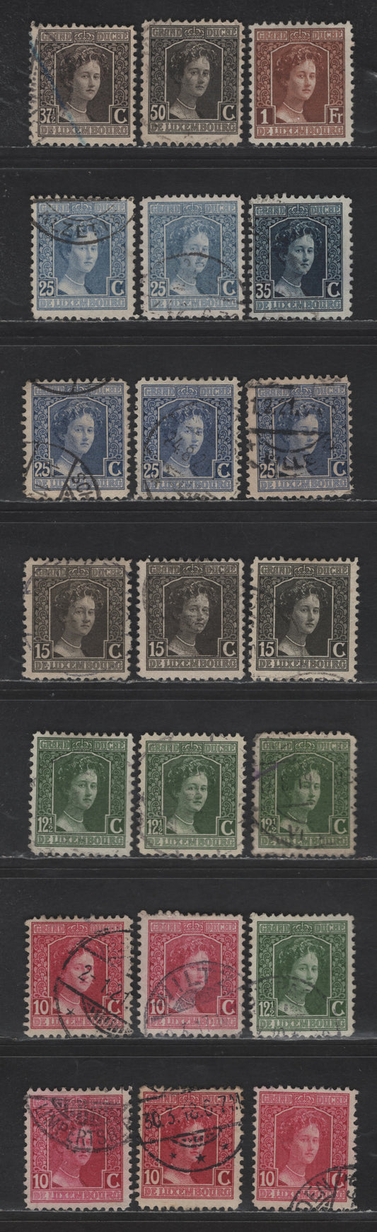 Lot 194 Luxembourg SC#97-99, 101, 103-104, 106, 109 10c - 1fr Lake - Orange Brown Grand Duchess Marie Adelaide, 1914-1917 Grand Duchess Marie Adelaide Issue, 21 Very Fine Used Singles, Additional Shades
