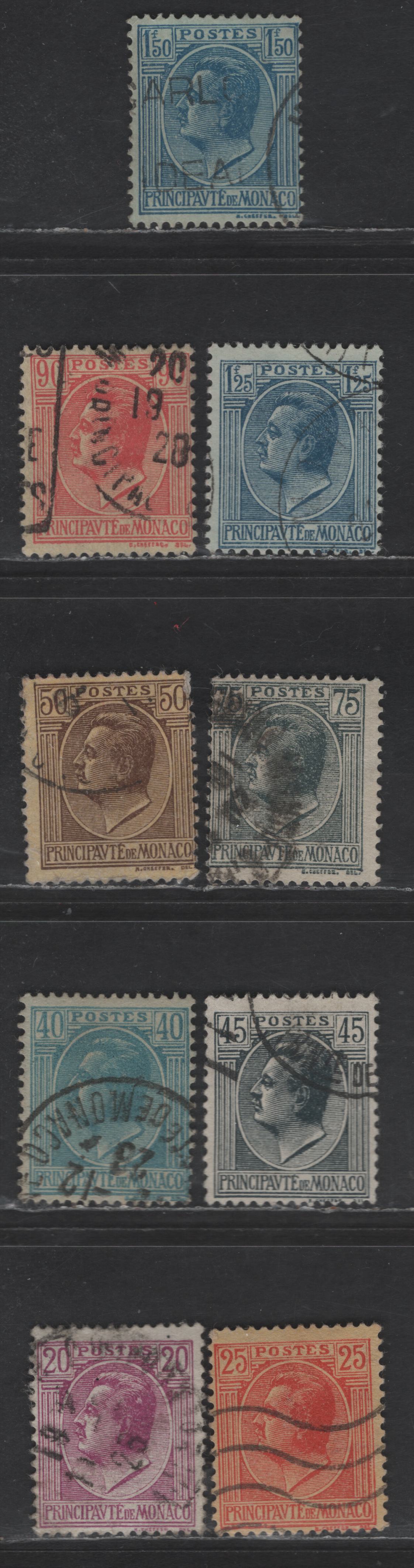 Lot 201 Monaco SC#67, 70, 73-74, 76, 81, 83-85 20c - 1.50fr Violet - Blue on Bluish Prince Louis II, 1924-1933 Pictorial Issue, 9 Fine/Very Fine Used Singles