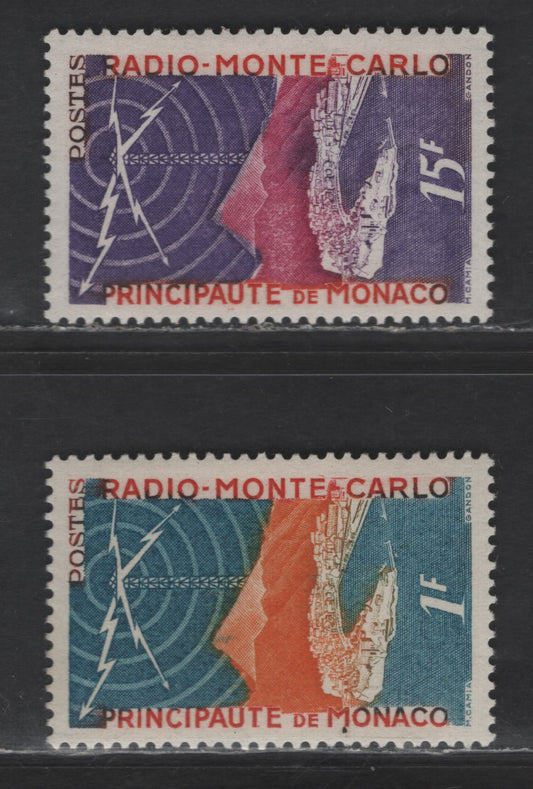 Lot 202 Monaco SC#280-281 1fr - 15fr Blue, Carmine & Orange - Purple, Carmine & Rose Violet Radio Monte Carlo, 1951 Radio Monte Carlo issue, 2 VFOG Singles