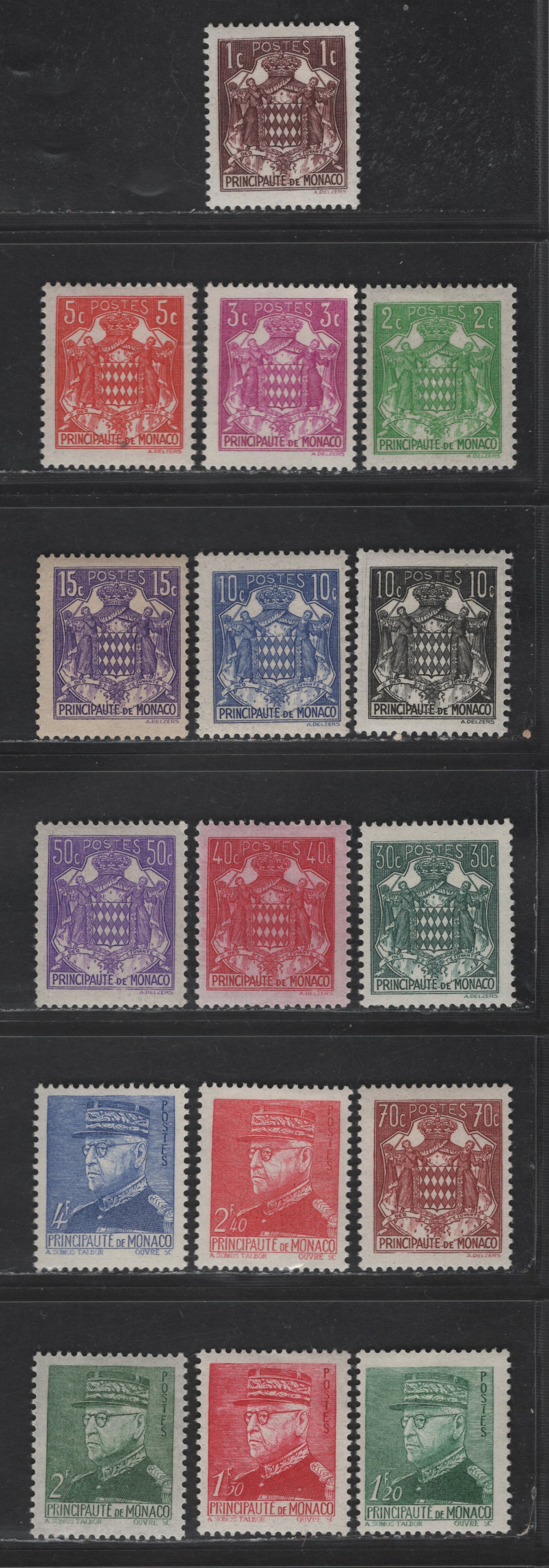 Lot 203 Monaco SC#145-150c, 153a, 185-186, 187a, 188, 190 1c - 4fr Dark Violet Brown - Blue Grimaldi Arms - Prince Louis II, 1937-1946 Pictorial Issues, 16 VFOG Singles