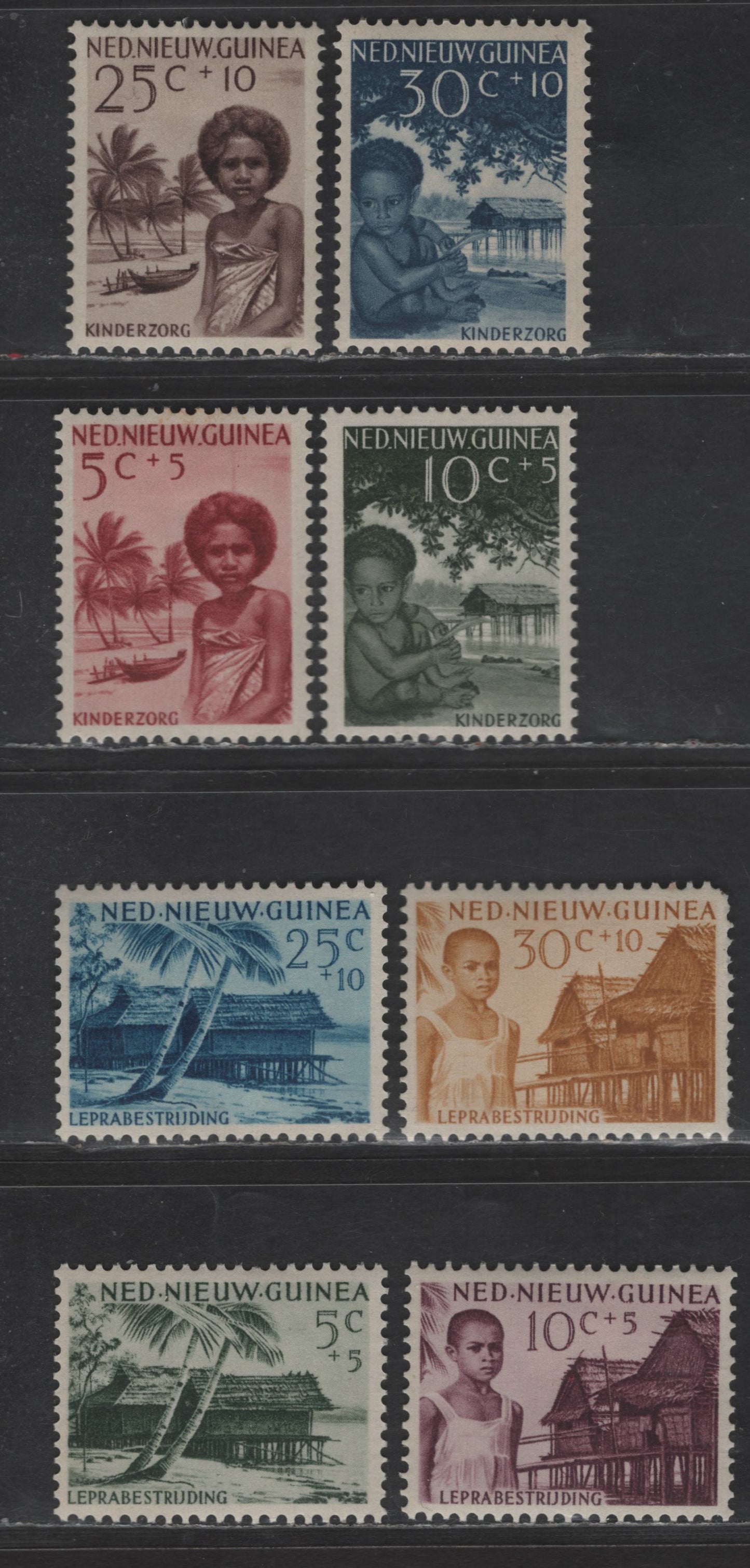 Lot 207 Netherlands New Guinea SC#B7-B14 5c+5c - 30c+10c Dark Slate Green - Dark Blue Leprosarium - Papuan Girl & Beach Scene, 1956-1957 Semi Postal Issues, 8 VFOG Singles
