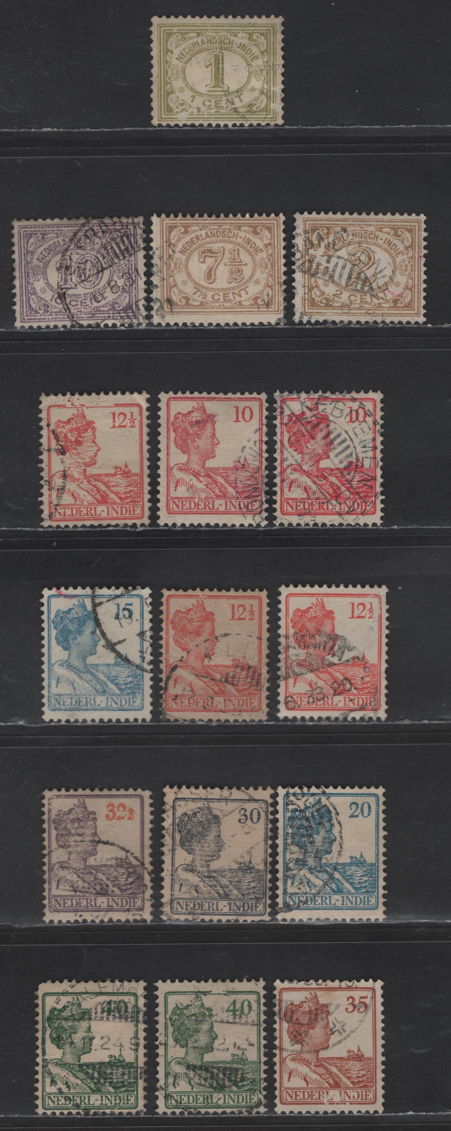 Lot 230 Netherlands Indies SC#102-103, 115-117, 119-120, 123, 127-130 1c - 40c Olive Green - Green Numerals - Queen Wilhelmina, 1912-1940 Numerals - Queen Wilhelmina Issues, 16 Fine/Very Fine Used Singles, 1930's Printings in Water Soluable Ink