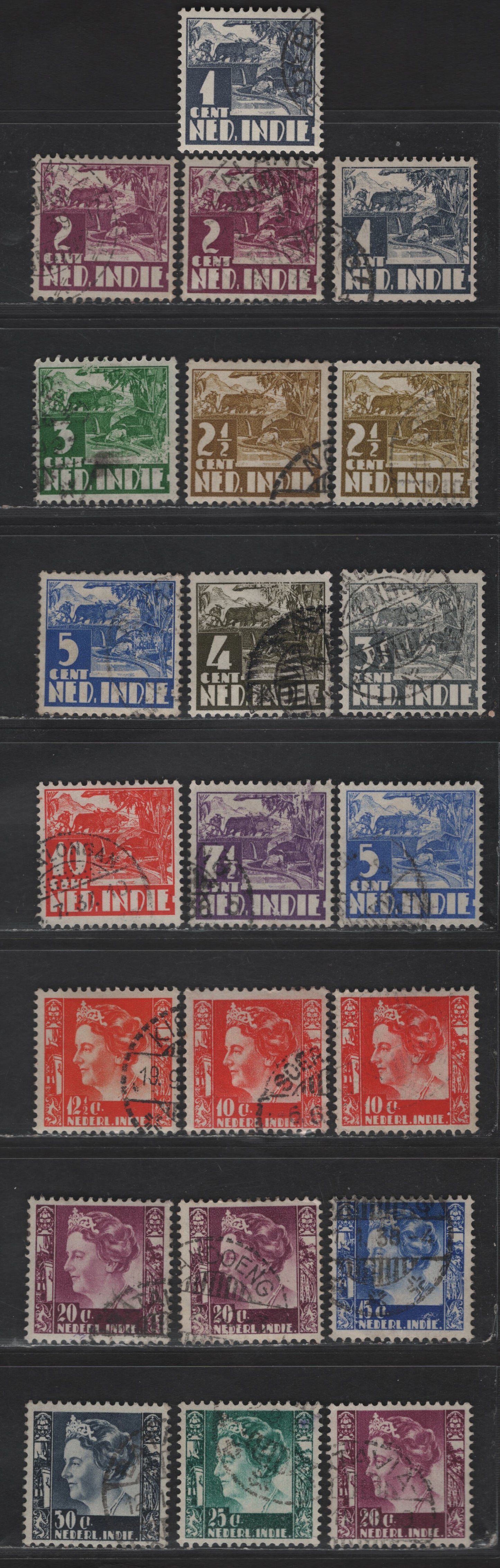 Lot 236 Netherlands Indies SC#164-178 1c - 30c Lilac Gray Pictorials, 1933-1937 Photogravure Pictorial Issue, 22 Very Fine Used Singles, Perfs 11.5x12.5, Shade Variations