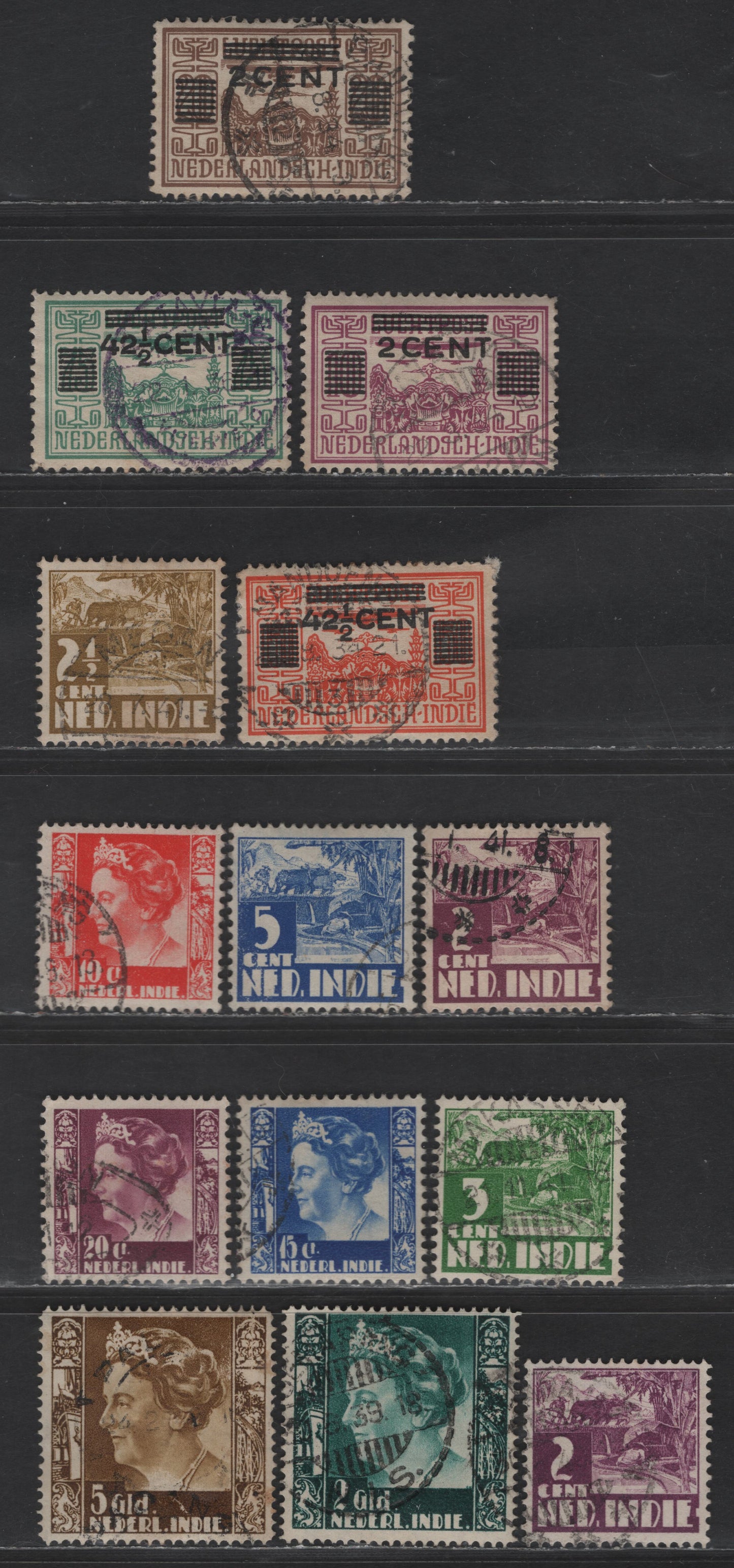 Lot 238 Netherlands Indies SC#190-193, 202-203, 206, 208, 210-211, 223, 225 2c on 10c - 5g Brown - Yellow Brown Pictorials, 1934 Surcharges on Airmails - Pictorial Issues, 14 Very Fine Used Singles, Perfs 12.5x12 Instead Of 11.5x12.5