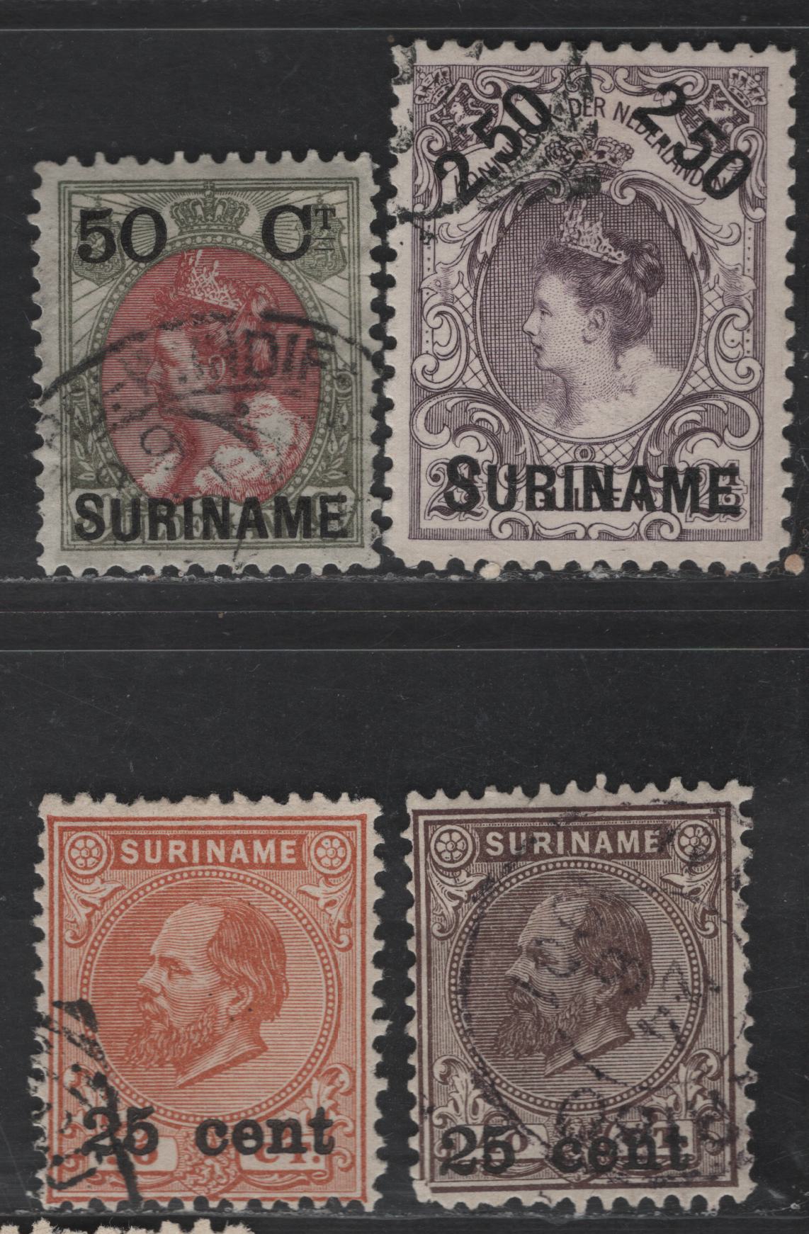 Lot 259 Suriname SC#36, 38-39 50c on 50c - 25c on 50c Gold & Claret - Orange Brown William III & Wilhelmina, 1900 Surcharged Issues, 4 Fine/Very Fine Used Singles, Perfs 12.5x12 & 12.75x12.25