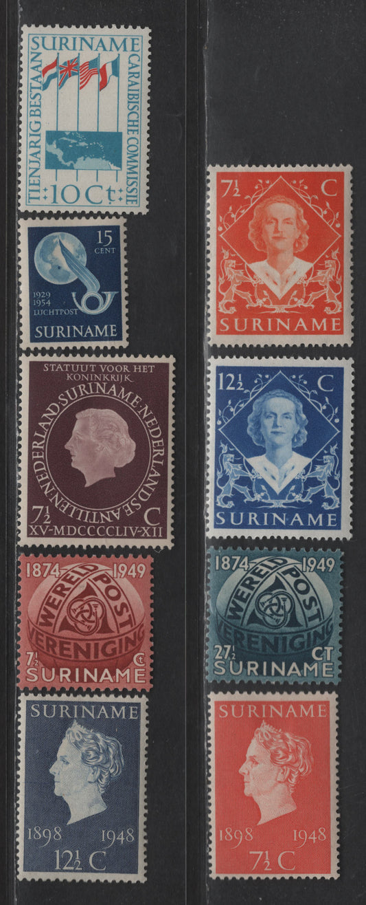 Suriname SC#234-239, 264, C27 7.5c - 15c Vermillion - Deep Blue Queen Wilhelmina - Pictorials, 1948-1954 50th Anniv of Queen Wilhelmina's Reign - Airmail Issues, 9 VFOG Singles