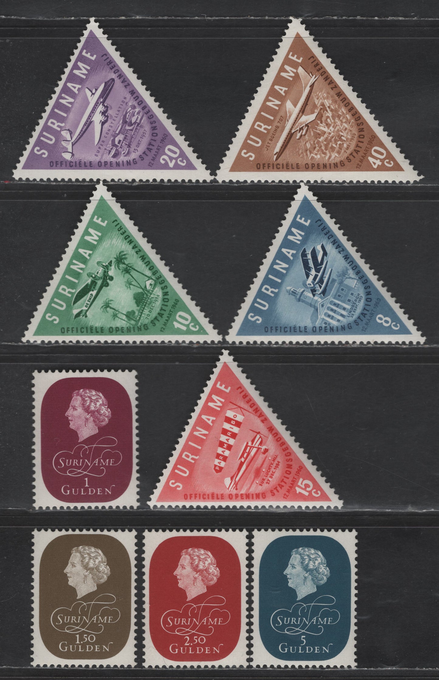 Lot 276 Suriname SC#272-275. 277-271 1g - 40c Magenta - Light Brown Queen Juliana - Zanderij Airport, 1959-1960 Queen Juliana - Inauguration of Zanderij Airport Issues, 9 F/VFNH/OG Singles, Queen Juliana Set Is NH