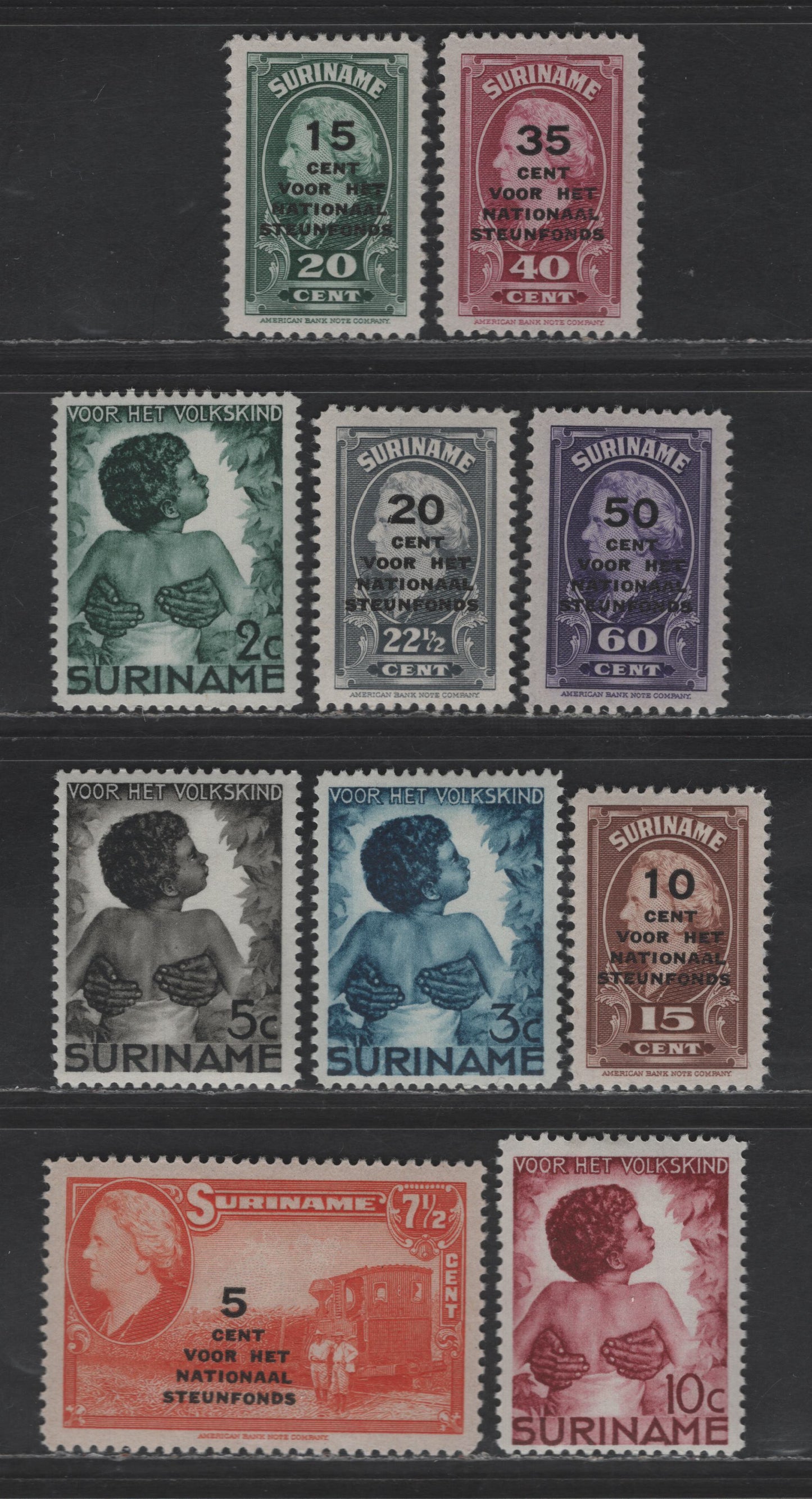 Lot 281 Suriname SC#B22-B25, B41-B46 2c+1c - 60c on 50c Dark Green - Violet Surinam Child - National Welfare, 1936-1945 Green Cross - National Welfare Fund Semi Postals, 10 VFOG Singles