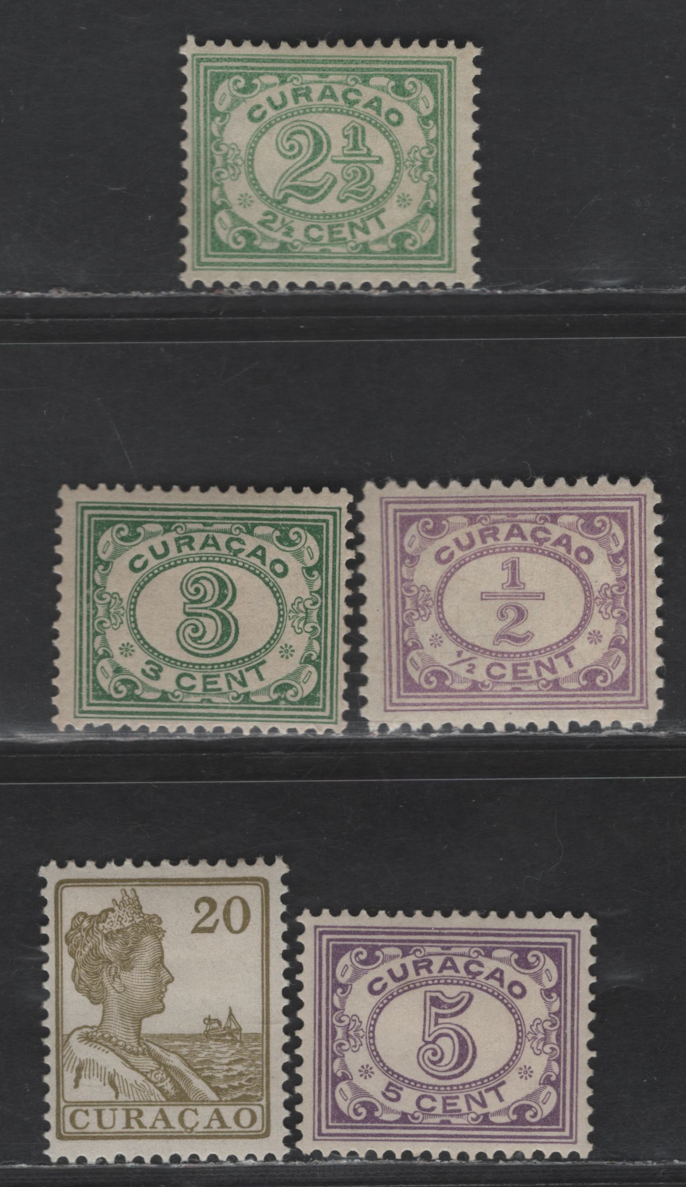 Lot 313 Netherlands Antilles SC#45, 49, 51, 54, 65 1/2c - 20c Lilac - Olive Green Numeral - Queen Wilhelmina, 1913-1933 Numeral & Queen Wilhelmina Issues, 5 F/VFOG Singles, White Background, Various Perfs