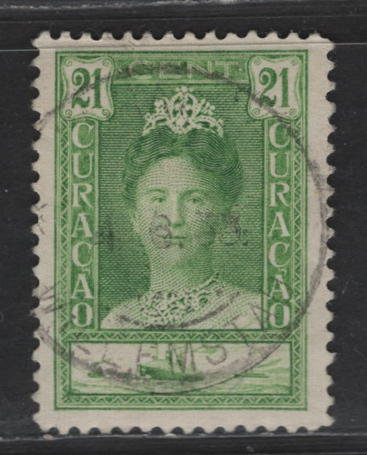 Lot 321 Netherlands Antilles SC#101 21c Yellow Green Queen Wilhelmina, 1928-1930 Queen Wilhelmina Issue, A Very Fine Used Single, Perf 11.5