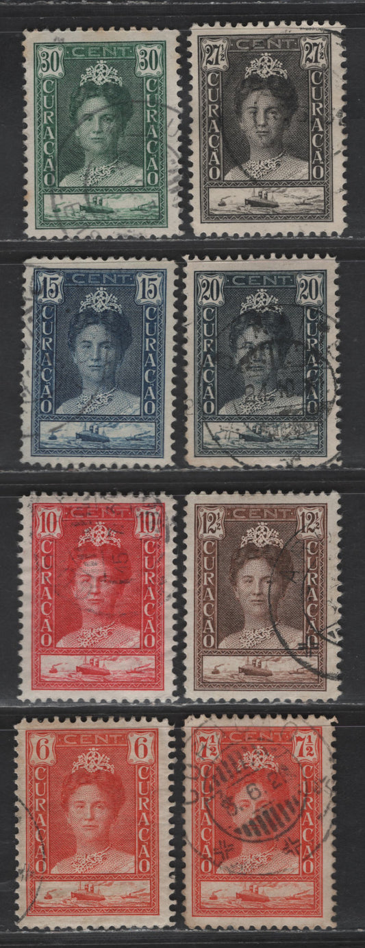 Lot 323 Netherlands Antilles SC#95-100, 103-104 6c - 30c Orange Red - Deep Green Queen Wilhelmina, 1928-1930 Queen Wilhelmina Issue, 8 Very Fine Used Singles, Perf 11.5