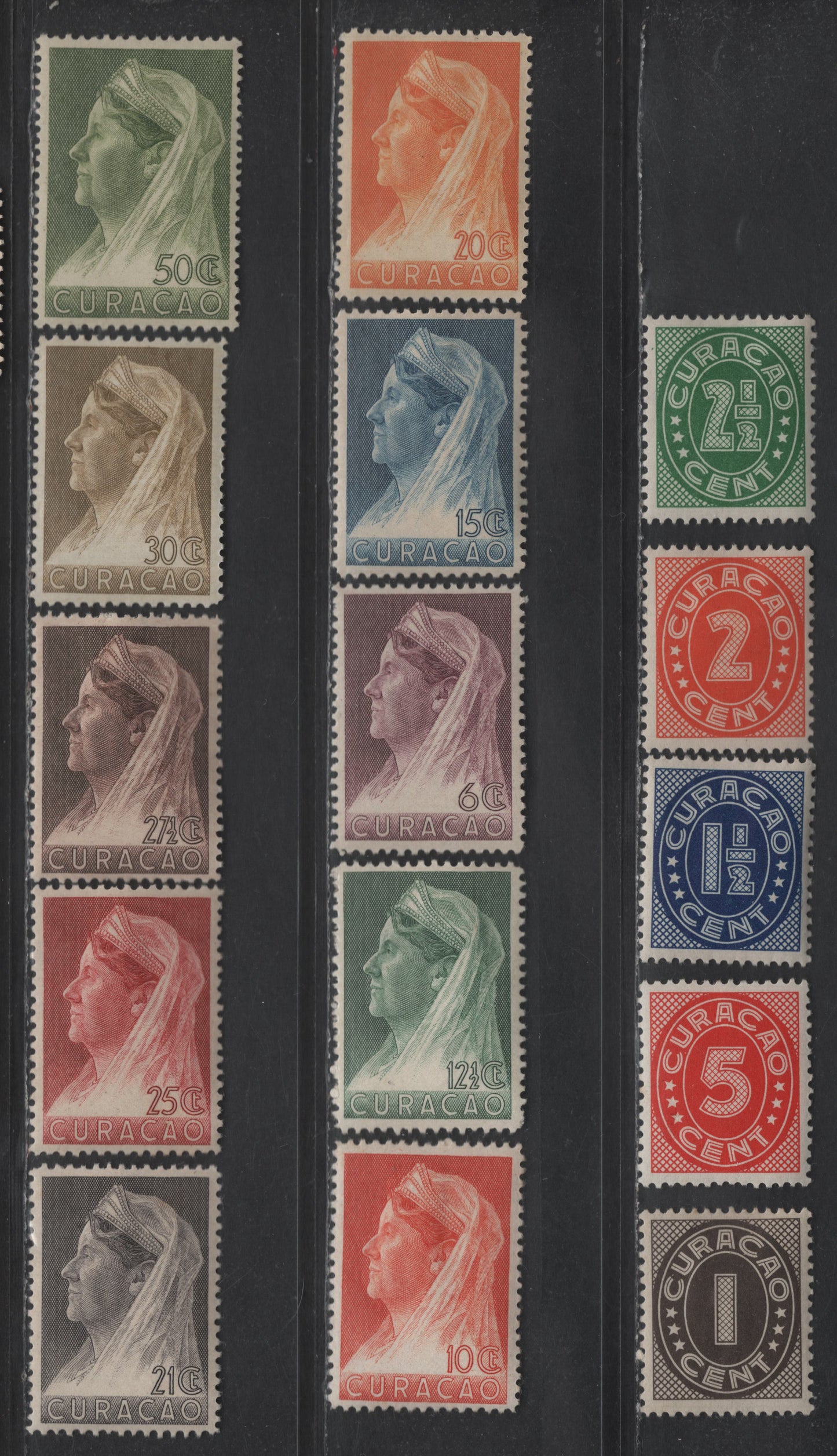 Lot 328 Netherlands Antilles SC#127-141 1c - 50c Brown Black - Dull Yellow Green Numeral - Queen Wilhelmina, 1936 Numeral - Queen Wilhelmina Issue, 15 VFOG Singles