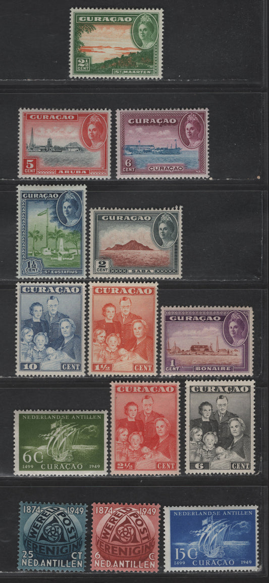 Lot 340 Netherlands Antilles SC#164-173, 203-207 1c - 25c Rose Violet & Orange Brown - Dull Blue Scenes - UPU, 1943-1949 Scenes - 75th Anniv of UPU Issues, 14 VFOG Singles