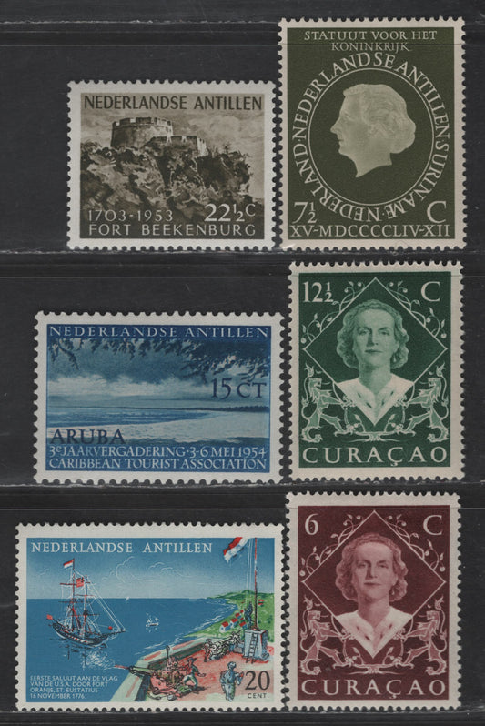 Netherlands Antilles SC#201-202, 230-232, 273 6c - 20c Red Brown - Blue, Red, Green & Black Queen Wilhelmina - US Brig, 1961 Queen Wilhelmina - 185th Anniv of 1st Salute from Foreign Power to US Flag Issues, 6 F/VFOG Singles