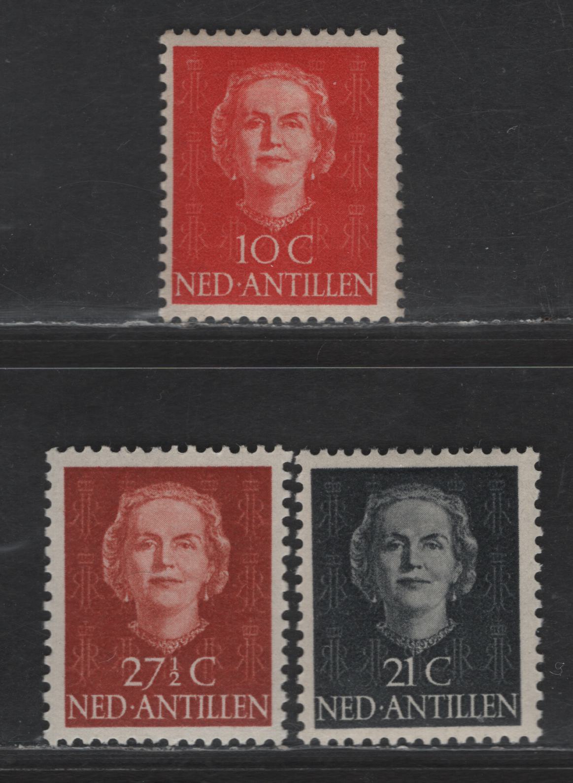 Lot 350 Netherlands Antilles SC#216, 220, 223 10c - 27.5c Red - Henna Brown Queen Juliana, 1950-1979 Queen Juliana Issue, 3 F/VFOG Singles