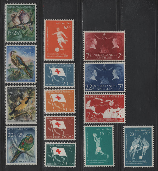 Netherlands Antilles SC#B26-B27, B31-B42 7.5c+2.5c - 22.5c + 7.5c Rose Brown - Blue Prince Bernhard & Queen Juliana - Flag & Map, 1955-1958 Semi Postal Issues, 14 VFOG Singles