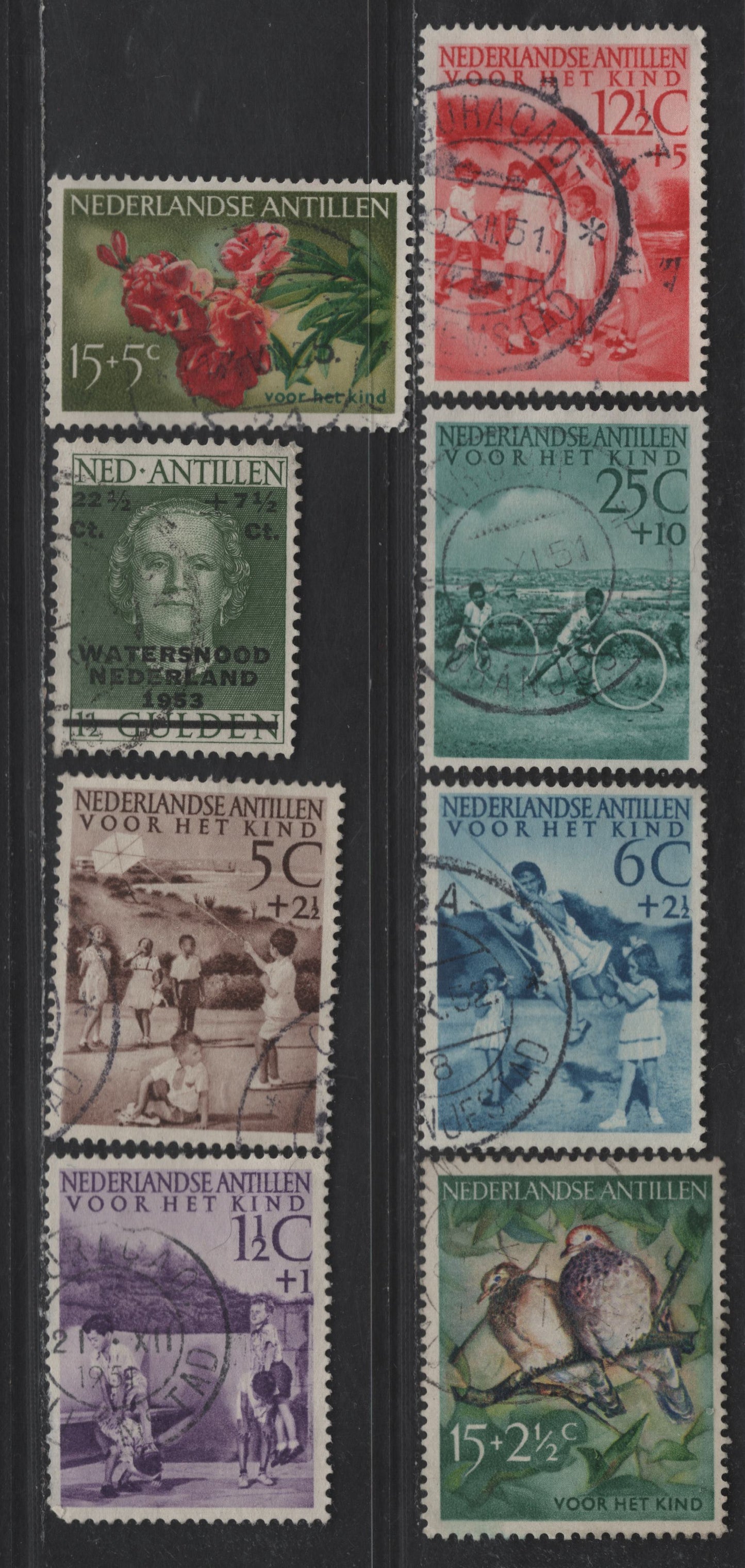 Lot 362 Netherlands Antilles SC#B10-B14, B20, B23, B37 1.5c +1c - 15c+2.5c Purple - Multicolored Child Welfare, 1951-1958 Semi Postal Issues, 8 Very Fine Used Singles