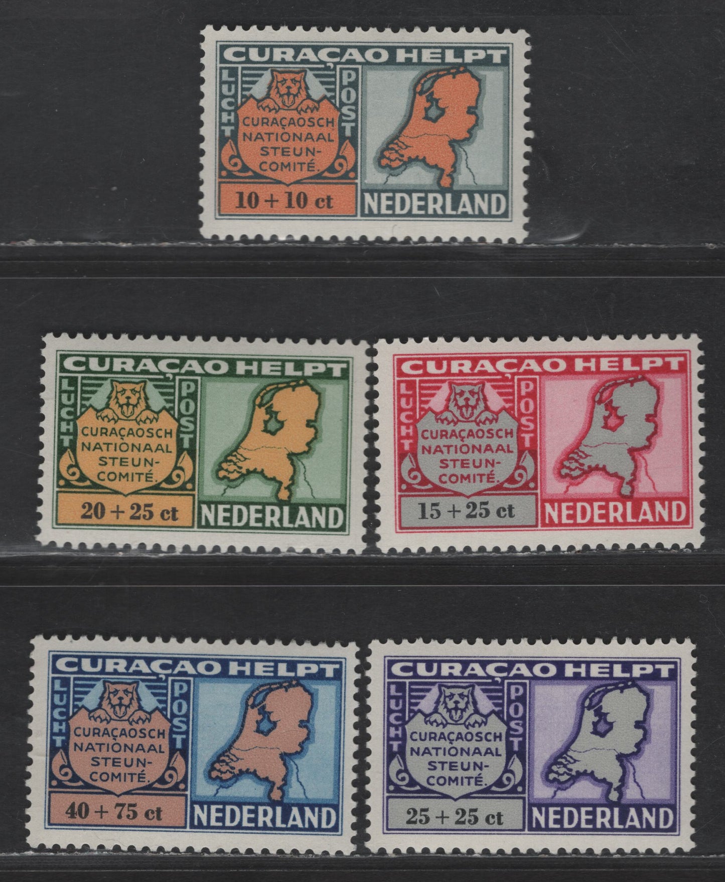 Lot 371 Netherlands Antilles SC#CB29-CB31, CB32, CB35 10c+10c - 40c+75c Red Orange & Gray Green - Brown Rose & Bright Blue Map & Seal, 1946 Airmail Semi Postal Issue, 5 VFNH Singles