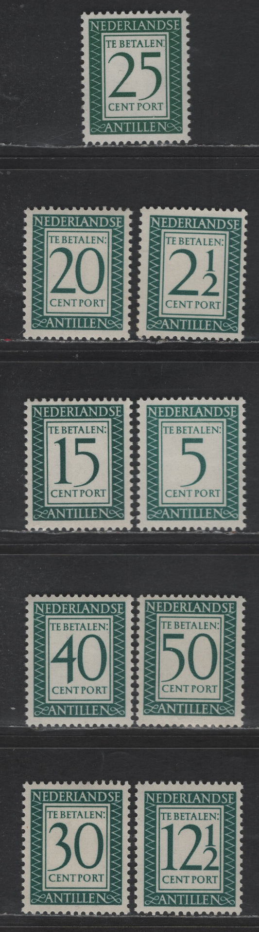 Lot 378 Netherlands Antilles SC#J42-J43, J49-J53, J55, J57 2.5c - 50c Dark Blue Green Numeral, 1953-1959 Postage Due, 9 F/VFOG Singles, Plain Non-Fluorescent Paper