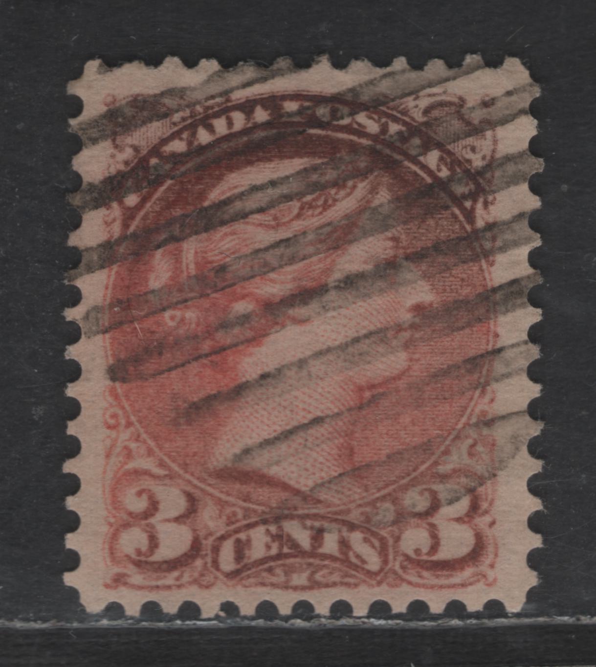 Lot 416 Canada SC#41var 3c Oxidized Vermillion Queen Victoria, 1870-1893 Small Queen Issue, A Very Fine Used Single, Montreal Gazette Printing, Paper MG-G, Perf 12.25, Medallion Dot at 3 O'Clock
