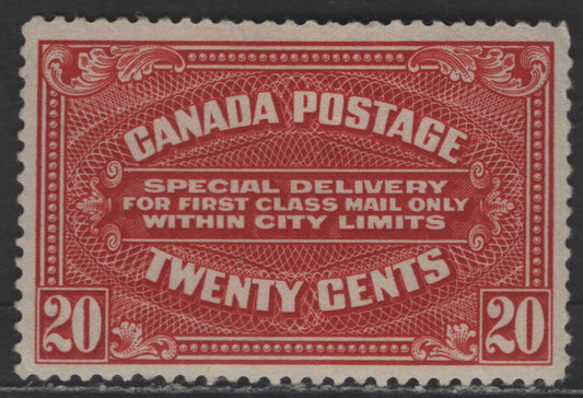 Lot 102 Canada SC#E2a 20c Carmine Script, 1922 Special Delivery Issue, A FOG Single, Wet Printing, Small Internal Crease Below 'W' of 'Twenty'