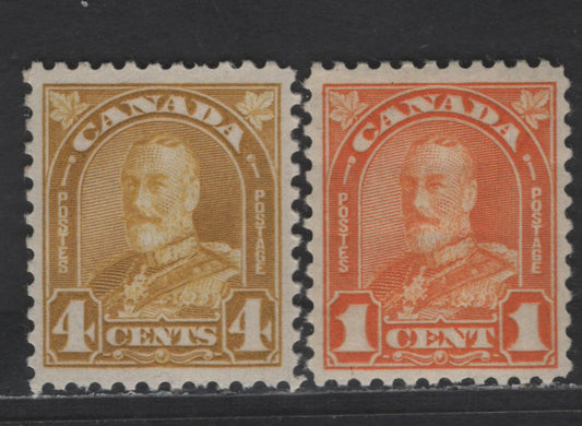 Lot 117 Canada SC#162, 168 1c - 4c Orange - Ochre King George V, 1930-1931 Arch/Leaf Issue, 2 VFNH Singles, Straited Gum, 4 Gum Breaker Ridges & Cream Satin Gum